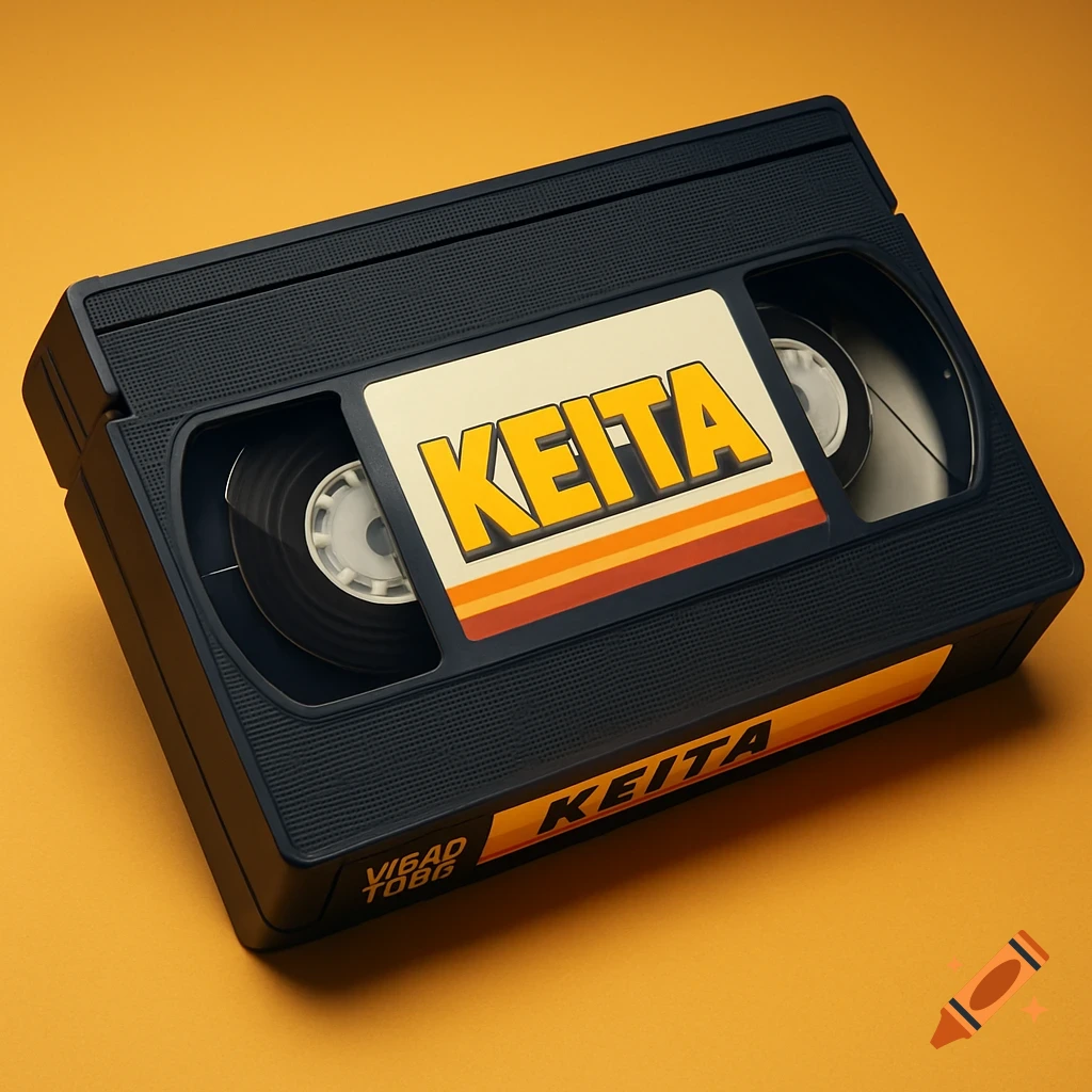 A 3D rendering of a black VHS tape with the word KEITA on a retro label, set against an orange background.