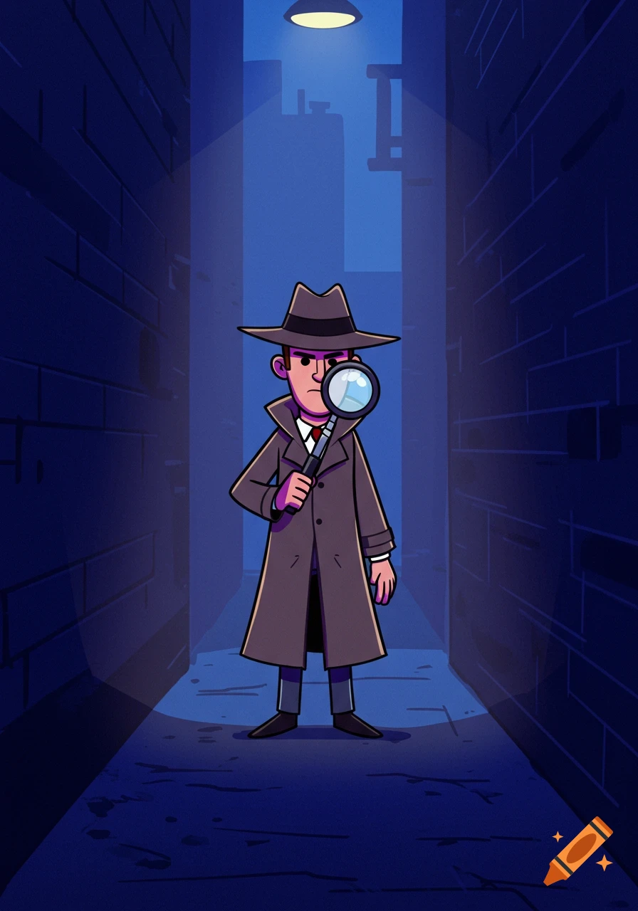 A cartoon detective stands in a dark alley with a magnifying glass.
