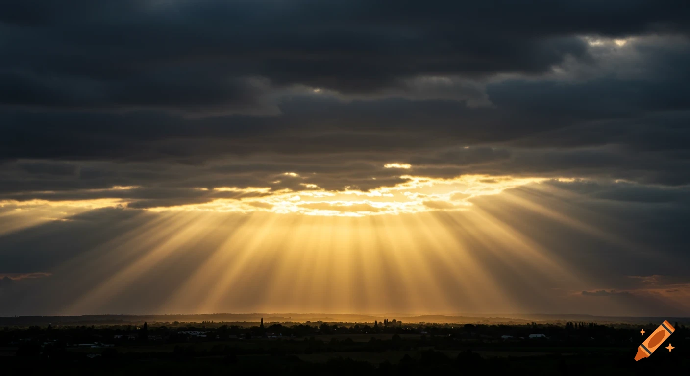 Dramatic sunbeams break through dark clouds over a landscape.