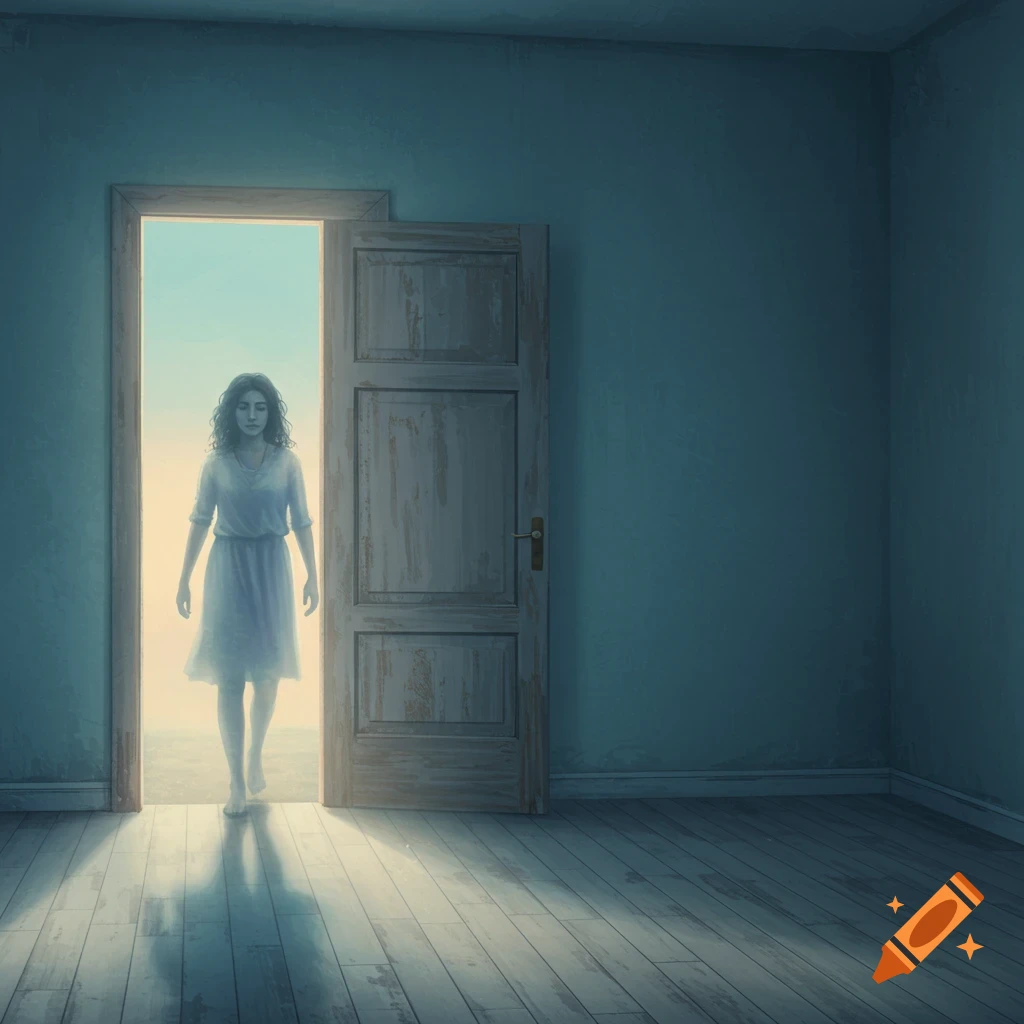 A diffused figure of a woman walks through a brightly lit doorway into a dark room.