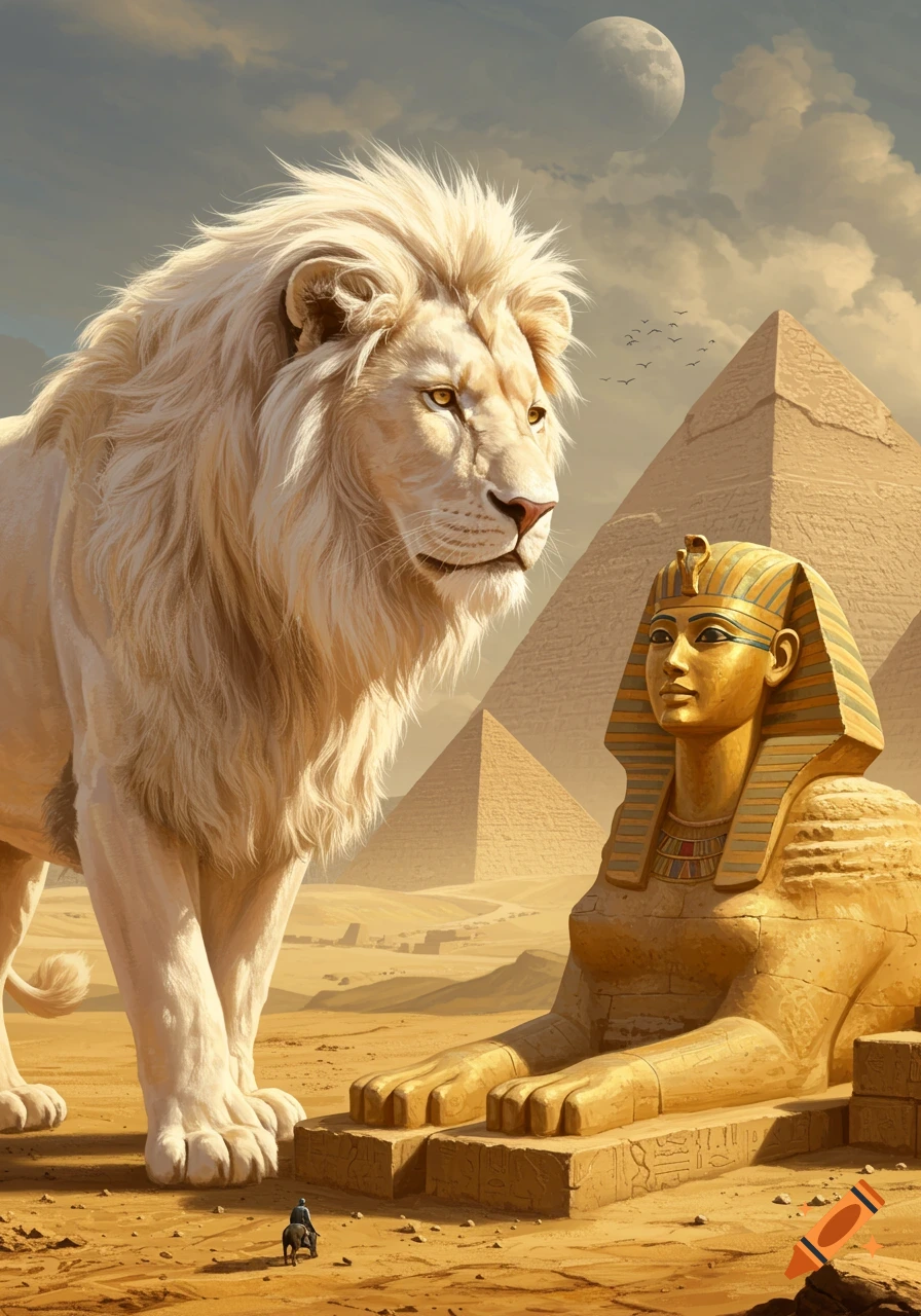 Giant white lion facing golden sphinx in Egyptian desert with pyramids