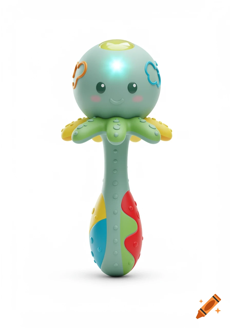 A photorealistic baby toy shaped like a colorful octopus rattle on a white background.