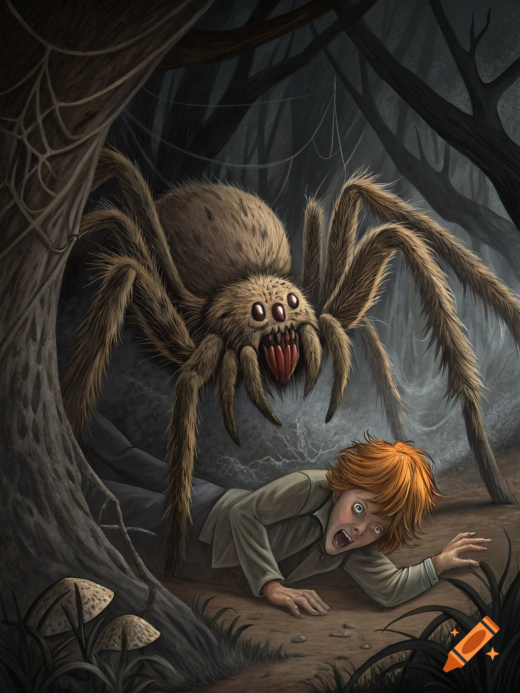 A large tarantula-like spider looms over a terrified person crawling away in a dark forest. Illustration.