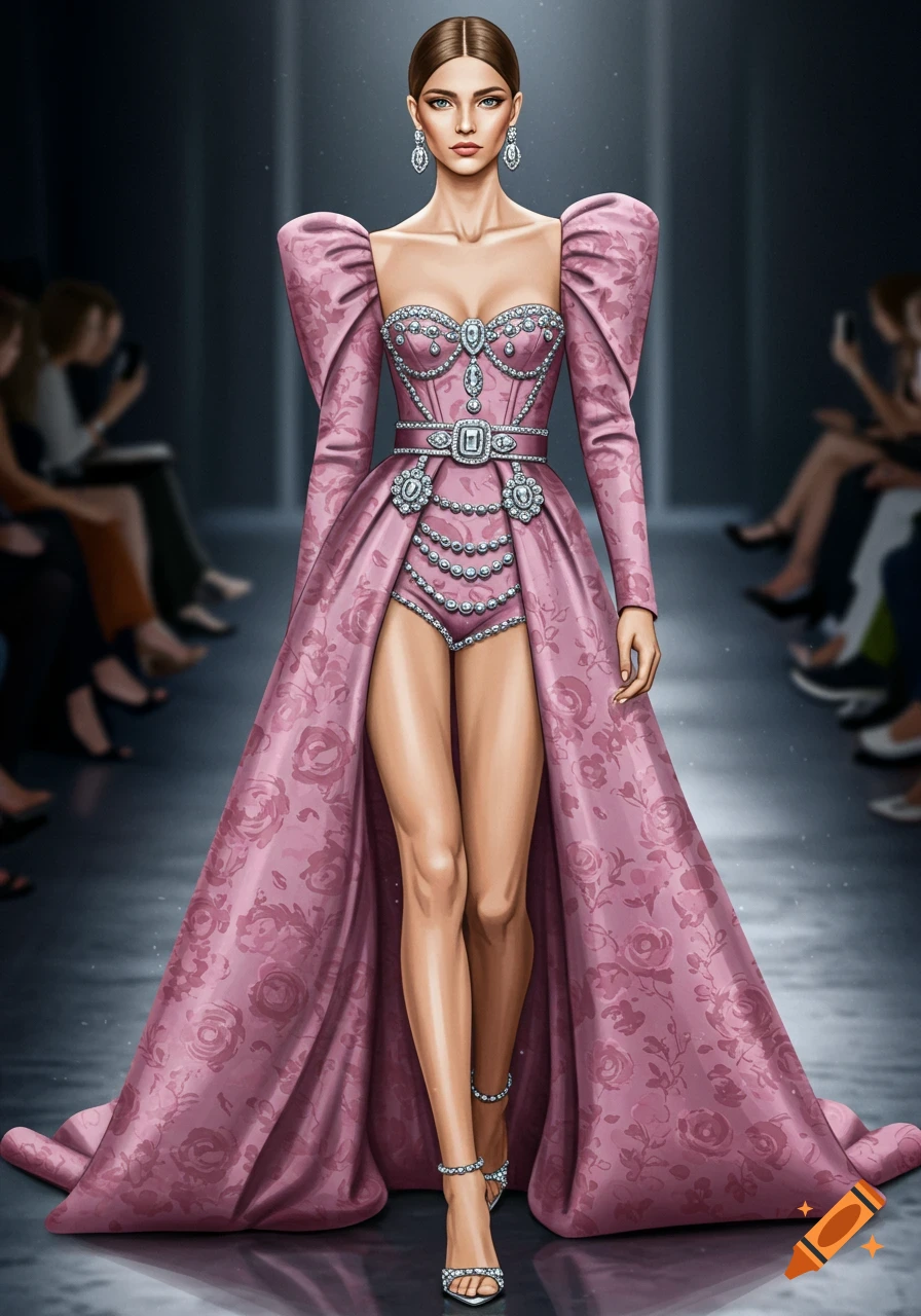 Illustration of a model in a pink jeweled fantasy dress on a runway.