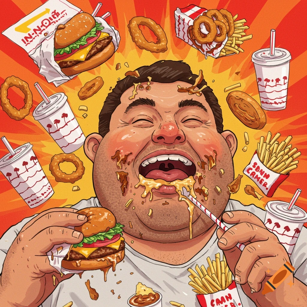 Illustration of a person eating a burger and fast food very messily, with food splattered on their face.
