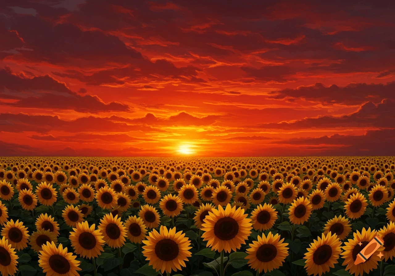 A field of sunflowers stretches toward the horizon beneath a vibrant red and orange sunset sky.