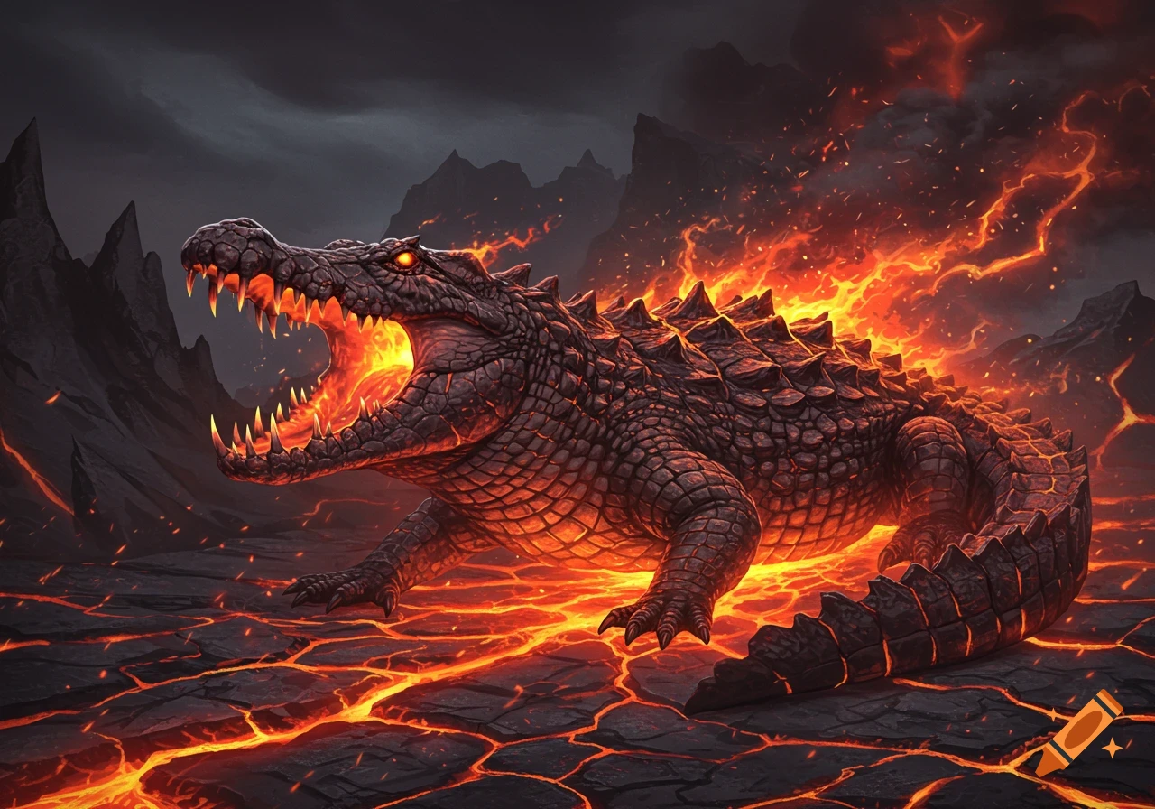 A colossal flaming crocodile emerges from a volcanic rift, made of cracked magma, in dark fantasy style.