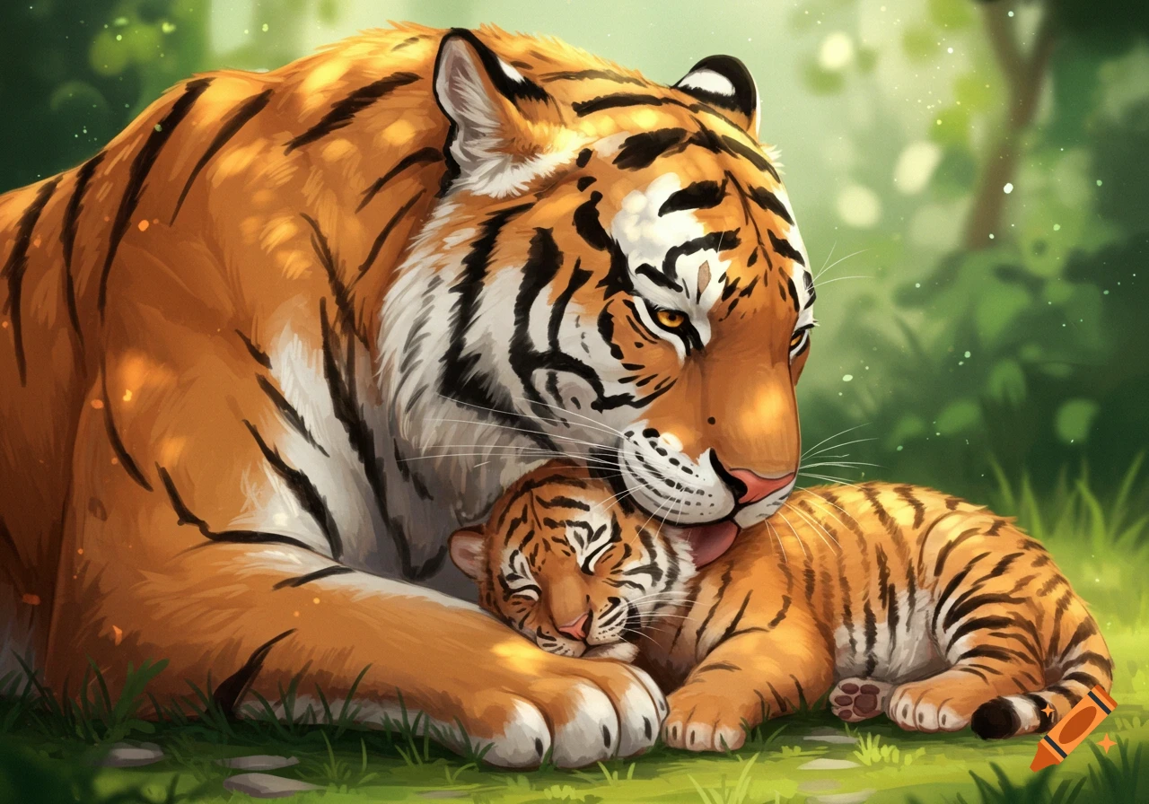 Digital painting of a mother tiger licking her sleeping cub.