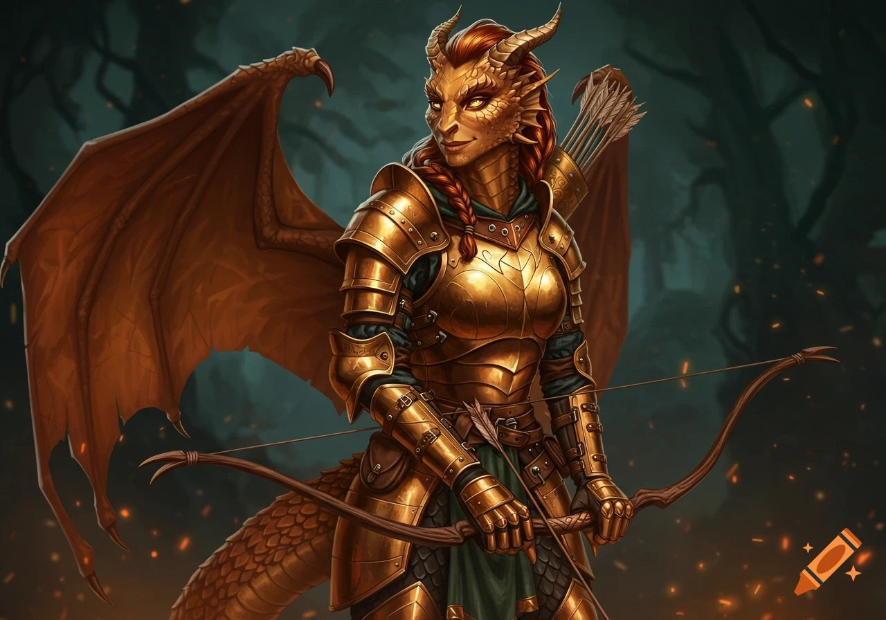 A female Brass Dragonborn character in golden armor holds a bow and arrow, with wings spread, in a dark forest.