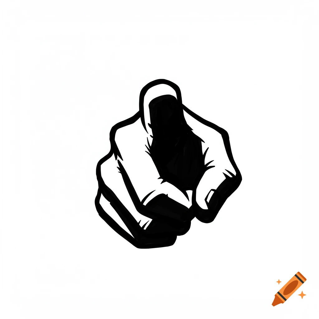 Stylized black and white drawing of a hand pointing at the viewer.