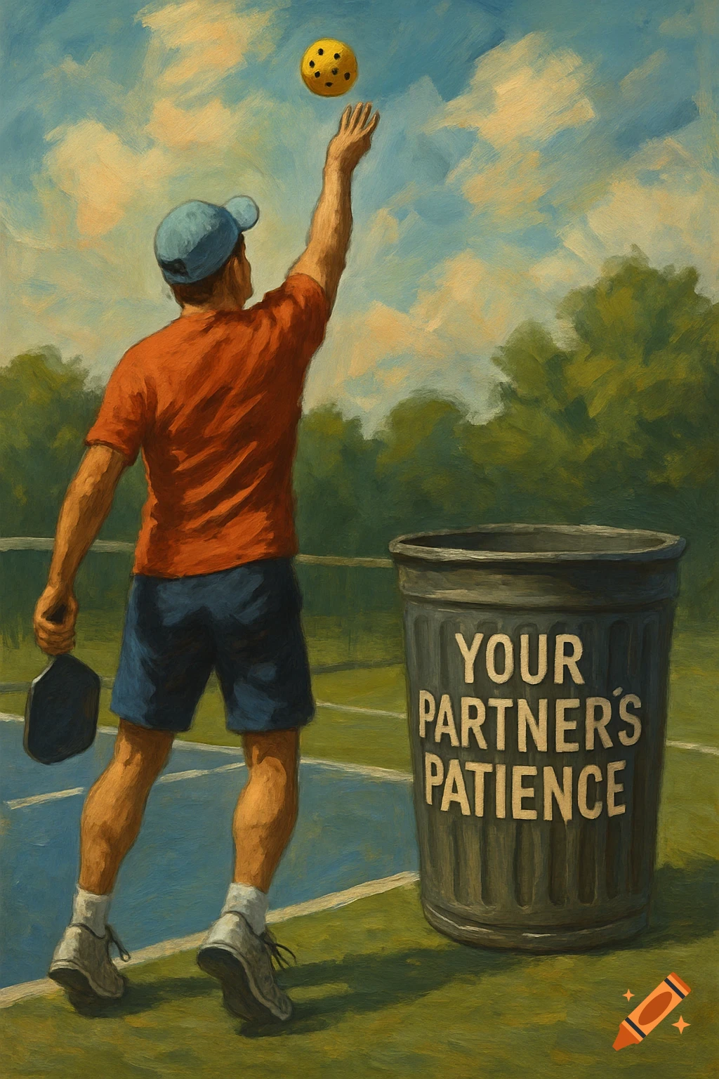 Painted illustration of a pickleball player serving a ball towards a trash can labeled "YOUR PARTNER'S PATIENCE".