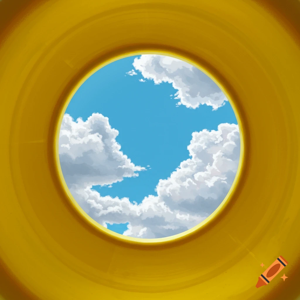 View of blue sky with clouds through a bright yellow circular opening.