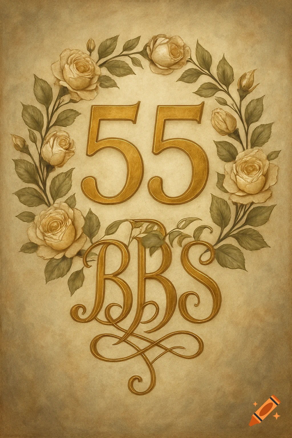 Gold numbers 55 and ornate letters BBS surrounded by a wreath of roses on a vintage background.