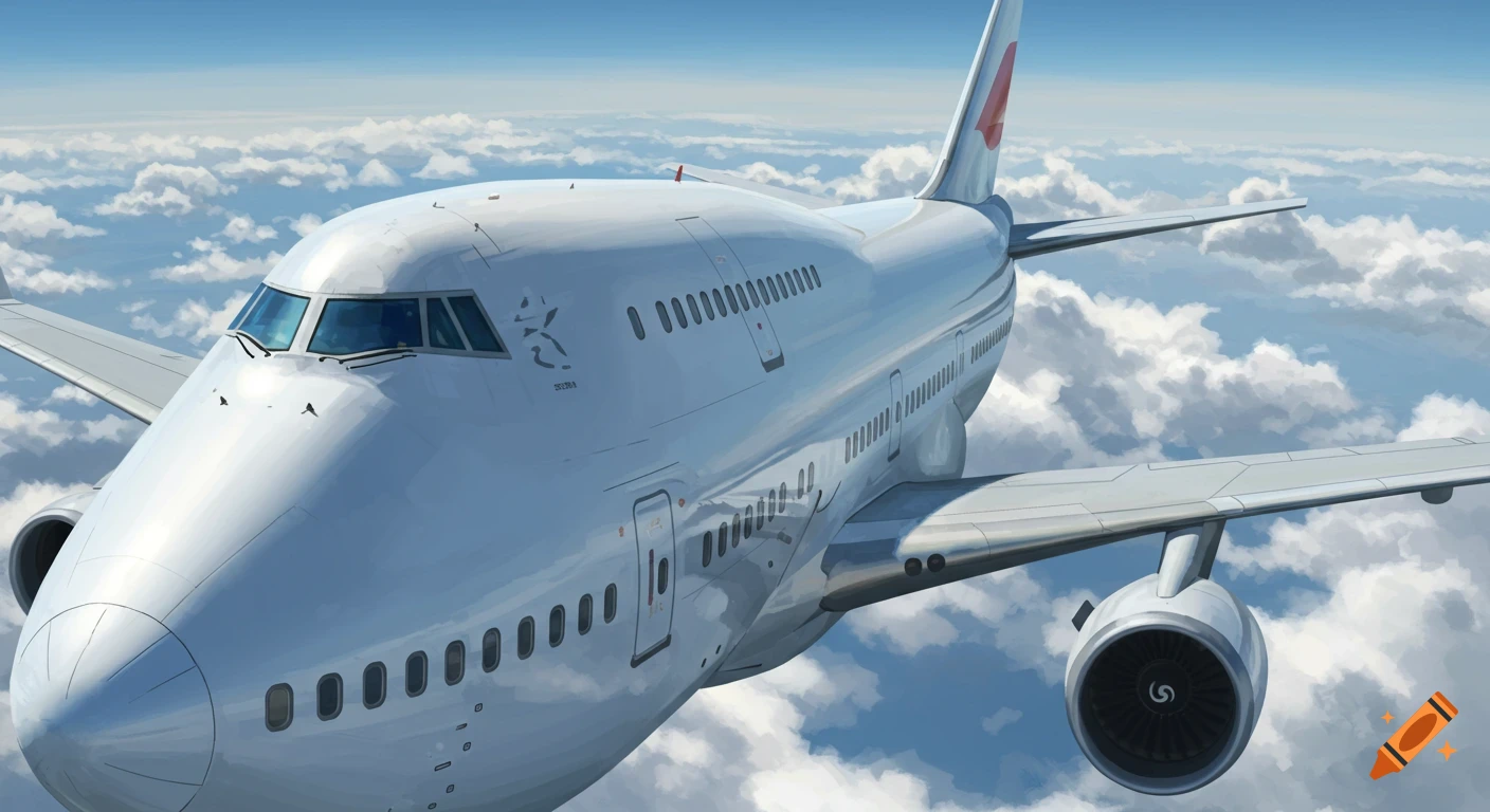Close-up of a white commercial airplane flying through clouds in a blue sky, rendered in a slightly painterly style.