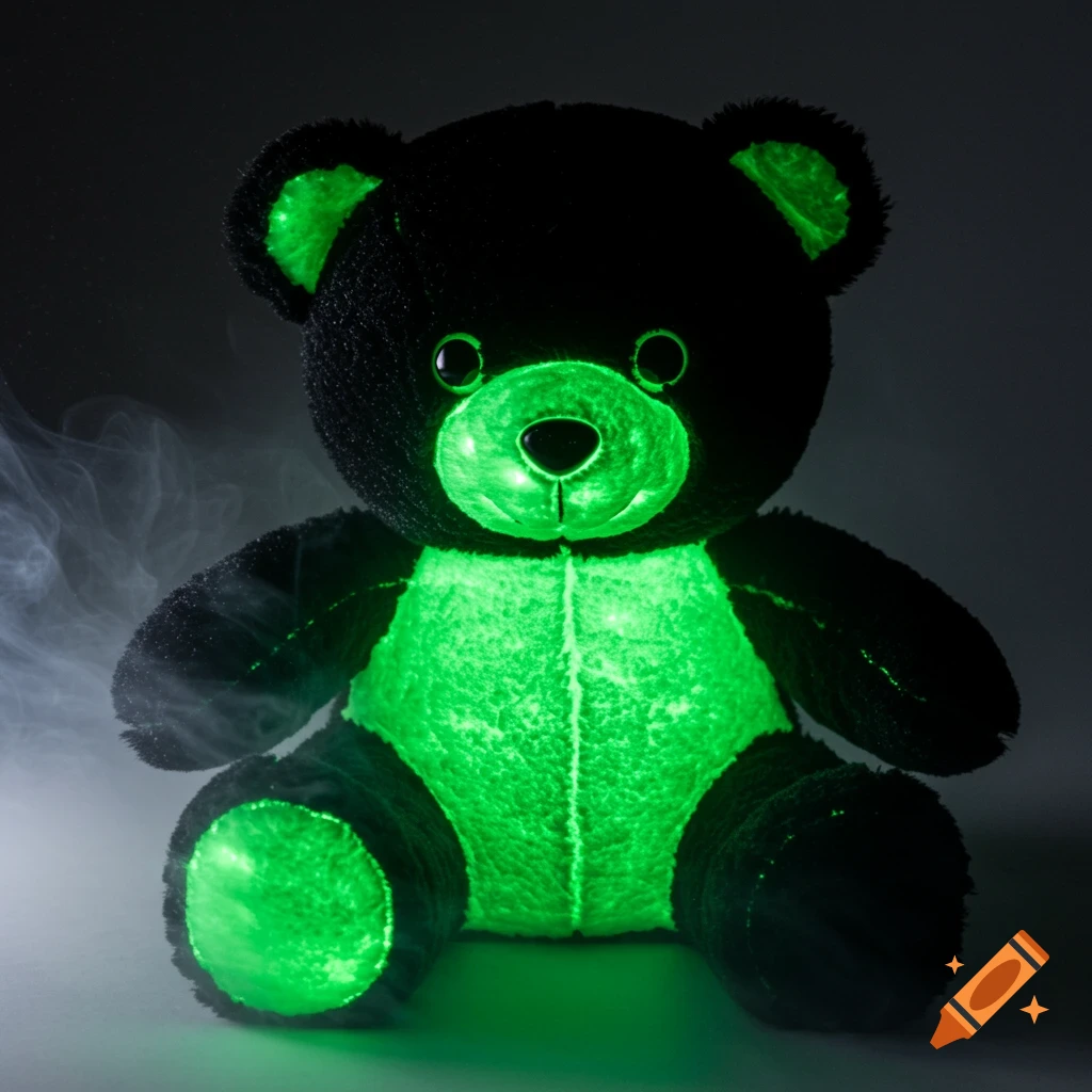 A black teddy bear glowing bright green in the dark with smoke.