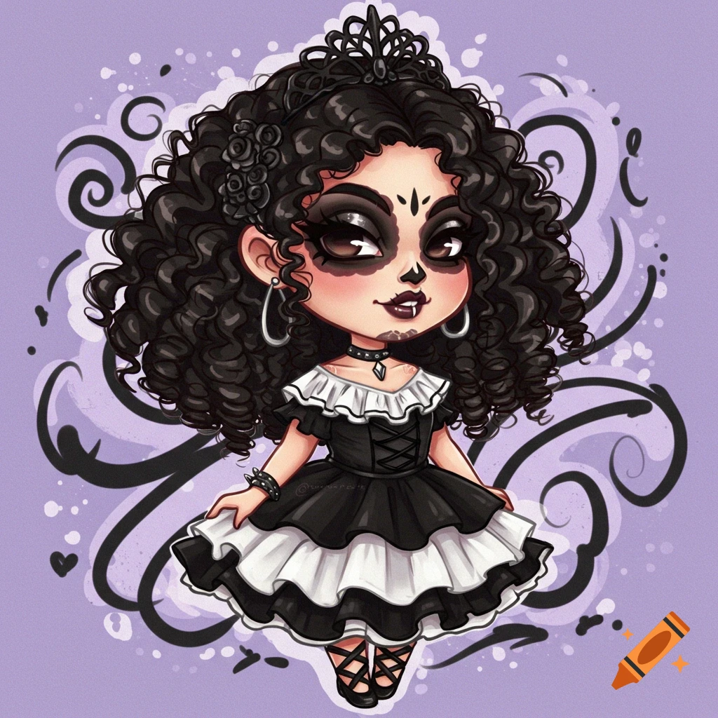 Chibi girl with dark curly hair and gothic makeup in a black and white dress.