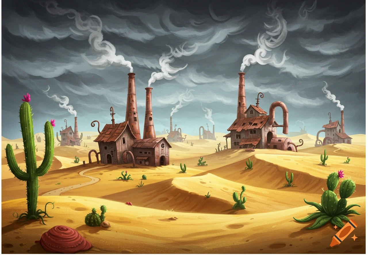 Dr. Seuss style illustration of whimsical factories in a desert landscape under dark, cloudy skies.