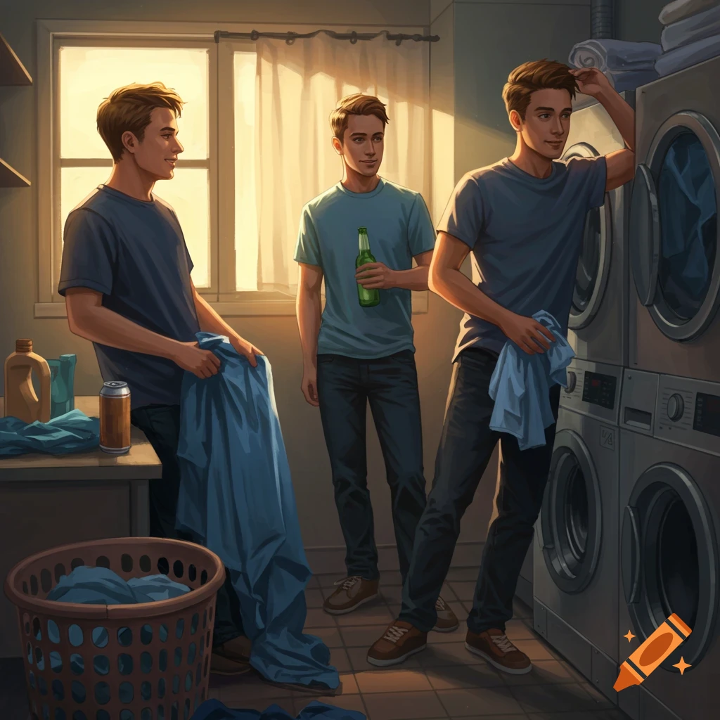 Illustration of three men in a laundry room folding clothes and holding drinks.