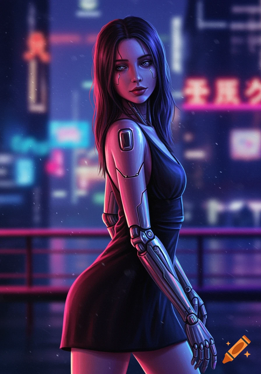 Digital painting of a cyborg woman standing in a city at night with neon lights.