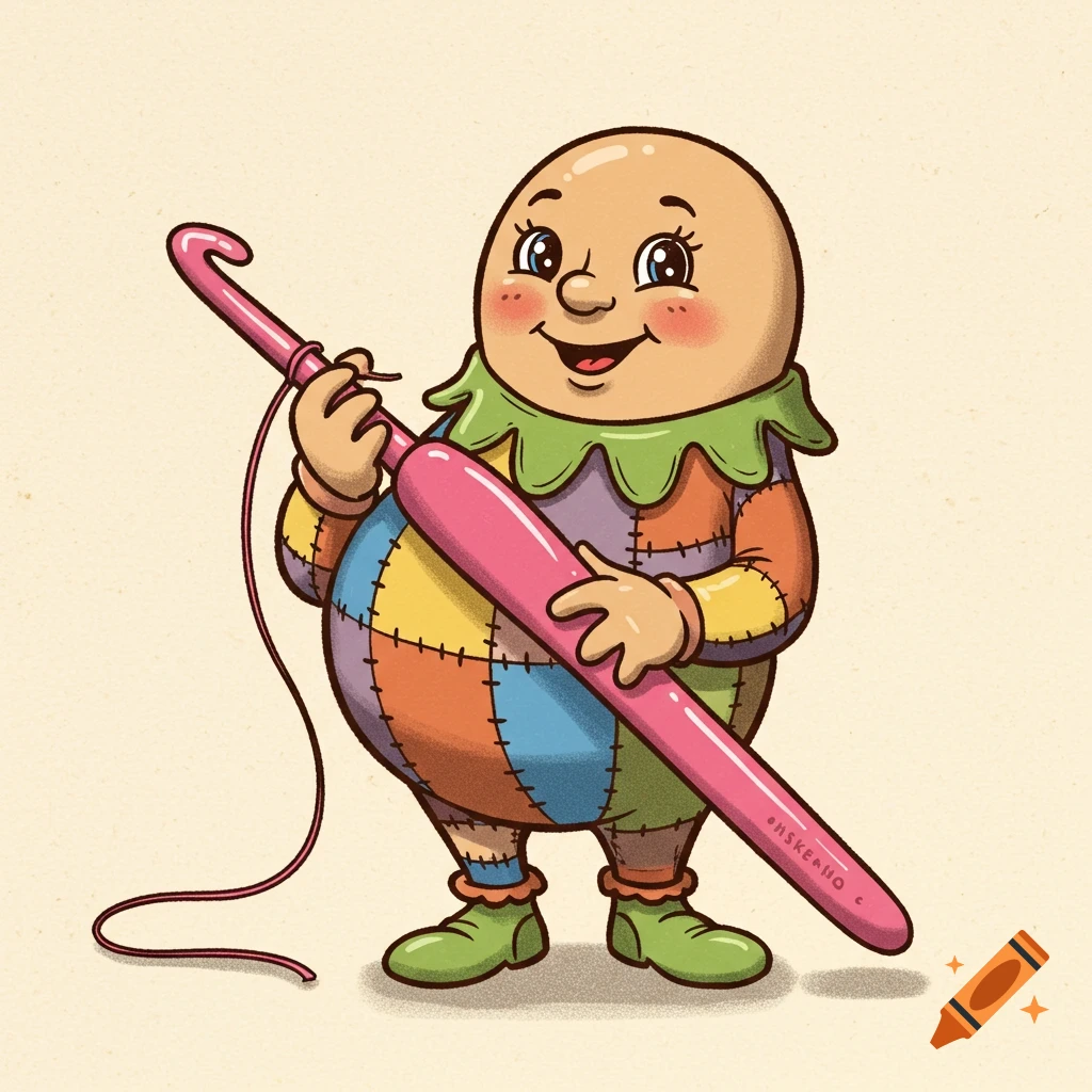 A cartoon character with a patchwork body holds a large pink crochet hook.