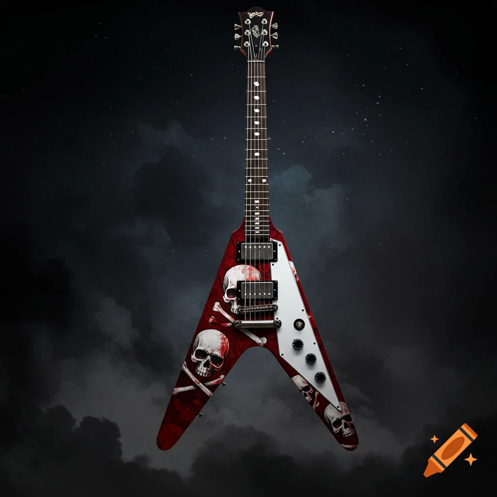 A red and white V-shaped electric guitar with skull and crossbone decoration hangs against a dark, cloudy background.