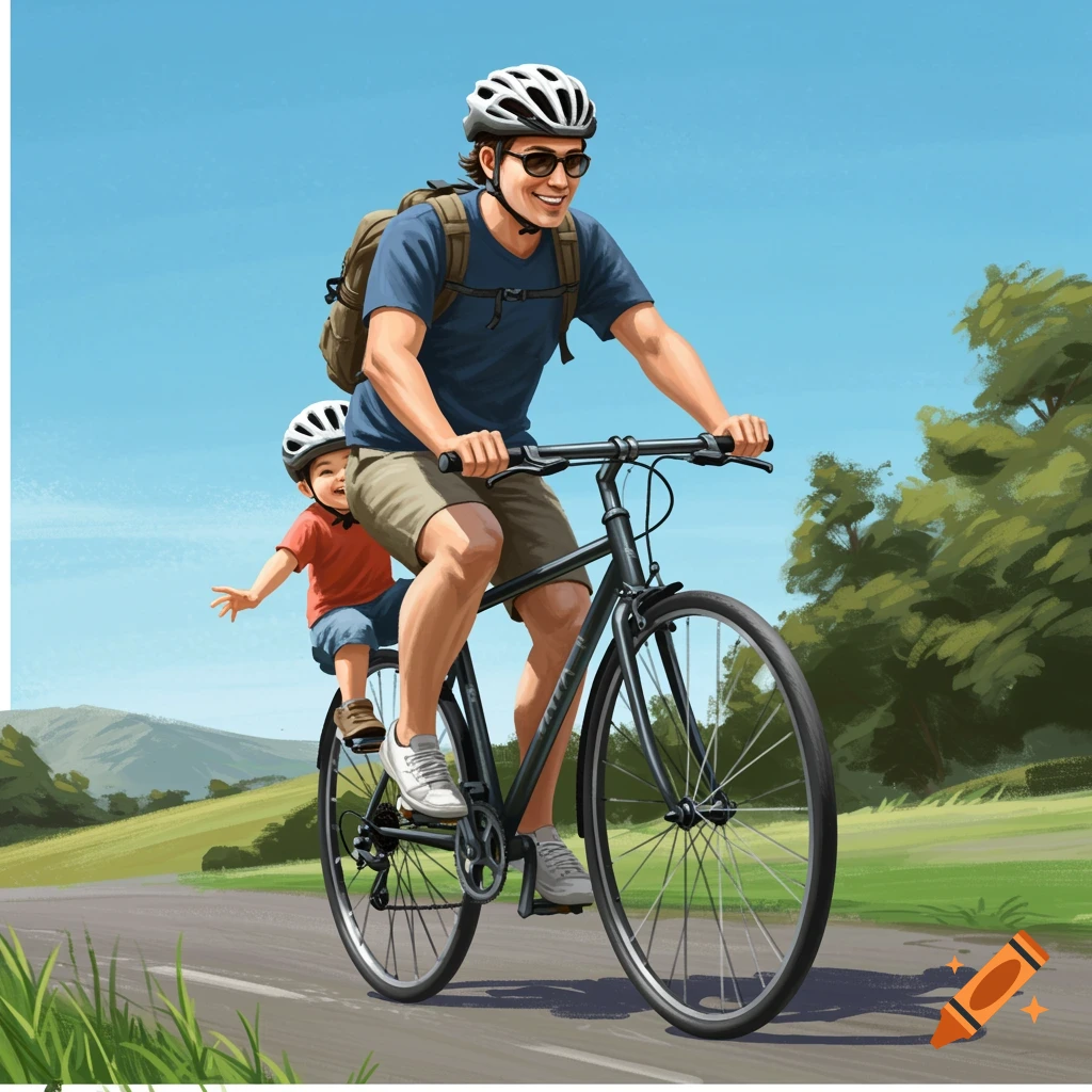 Illustration of a man riding a bicycle with a small child on a seat behind him, outdoors on a sunny day.