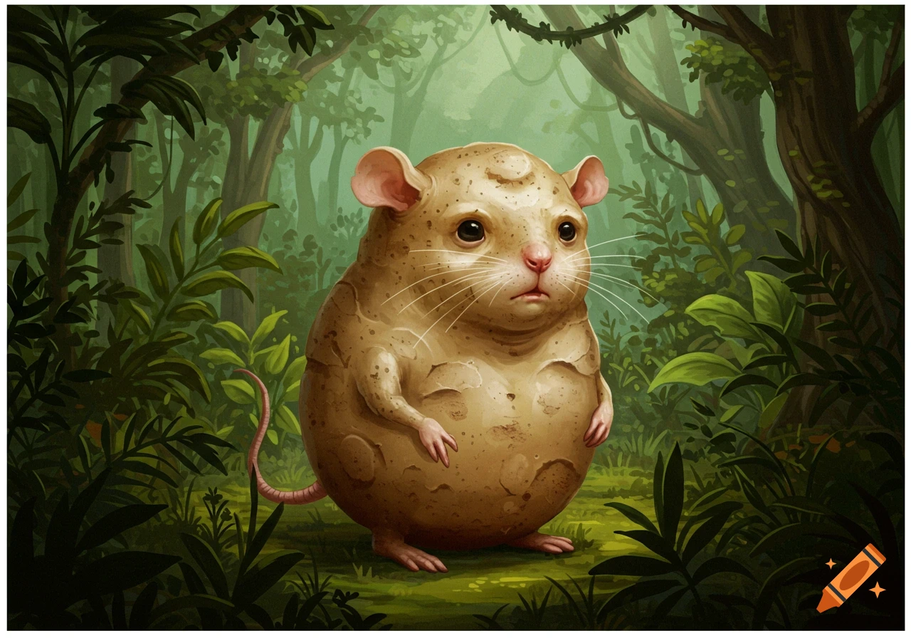 An illustration of a solemn potato-mouse creature standing in a lush green jungle.