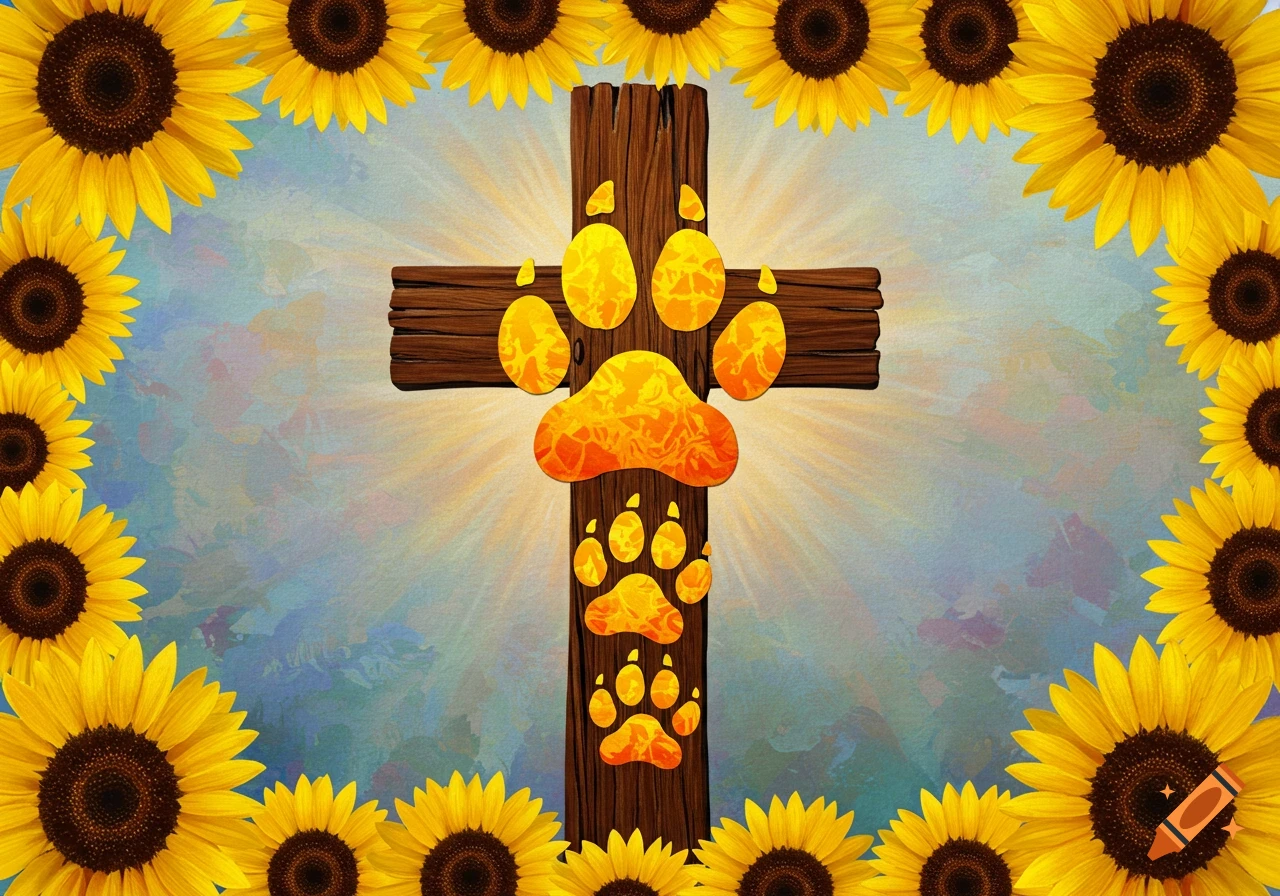A wooden cross with paw prints, framed by sunflowers, against a radiant sky.