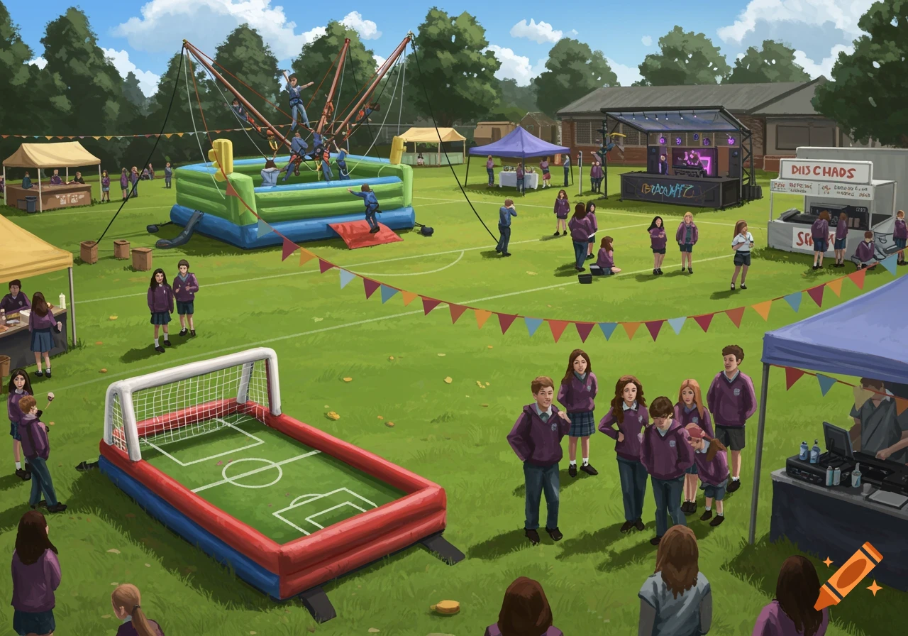 Illustration of a busy school fete on a grassy field with a bungee ride, inflatable games, food stalls, and a DJ booth.