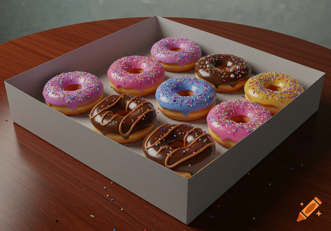 A box of assorted donuts sits on a wooden table
