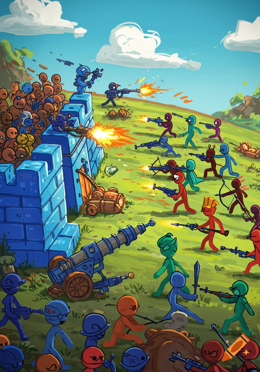 Cartoon illustration of stick figures fighting a battle, defending a blue brick base against invaders on a grassy hill.