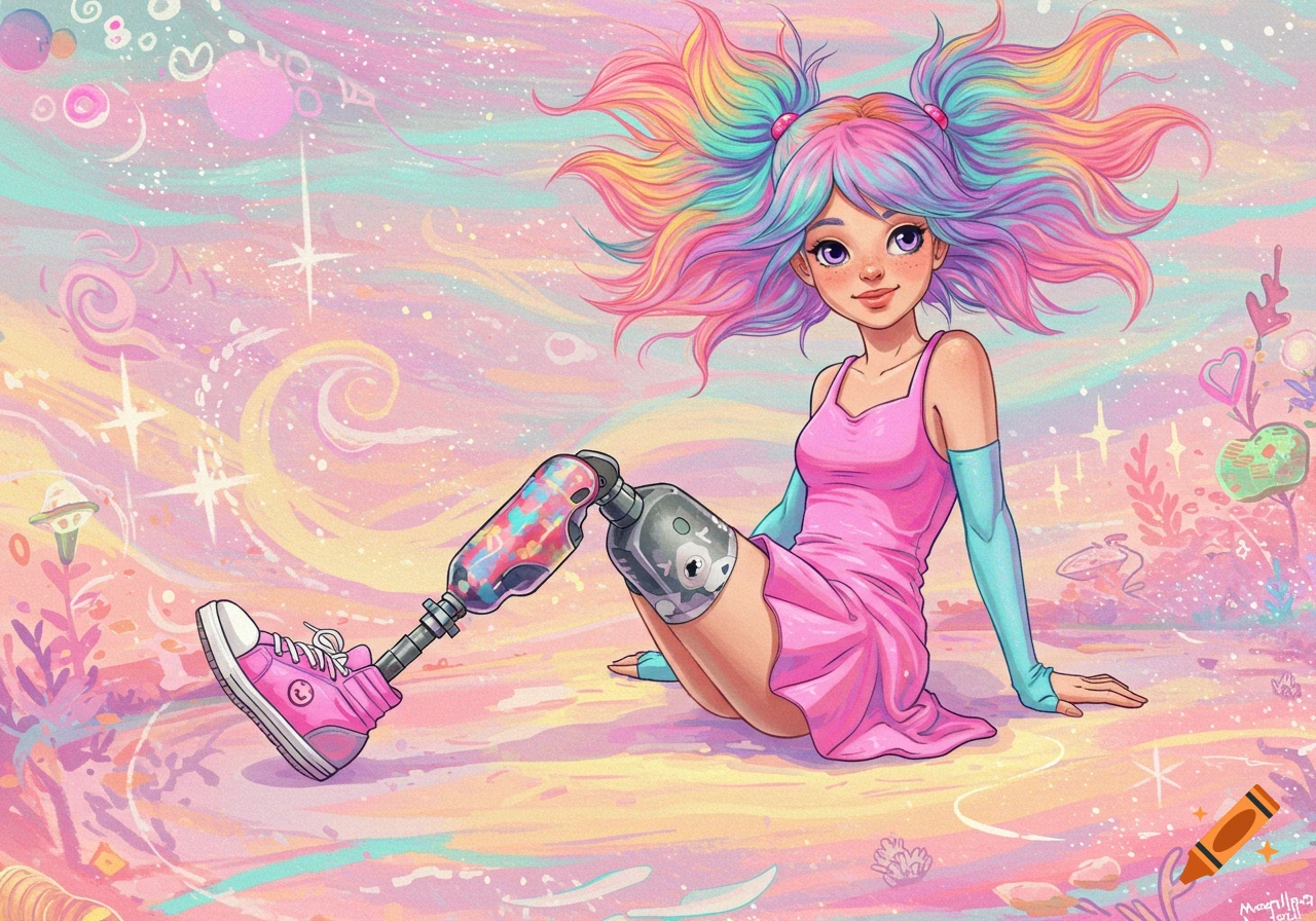Illustration of a girl with colourful hair and a prosthetic leg sitting in a whimsical, colourful landscape.