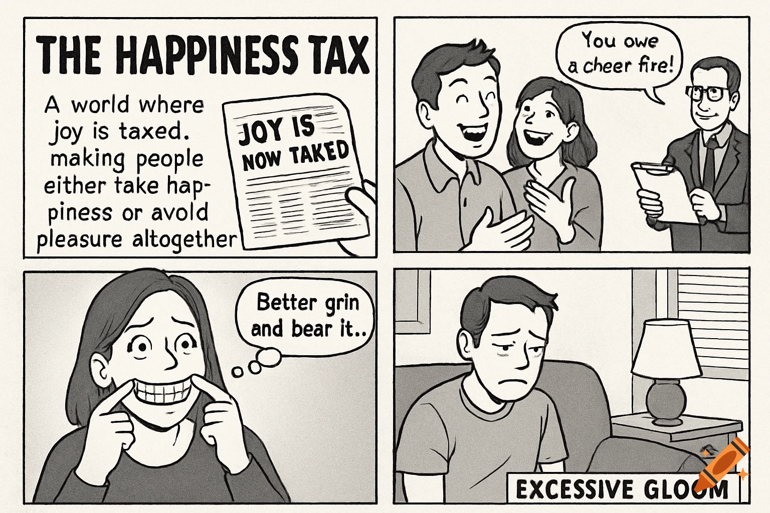 A four-panel black and white comic strip about 'The Happiness Tax'. Panels show a newspaper, a smiling couple taxed for joy, a woman forcing a smile, and a sad man labeled 'Excessive Gloom'.