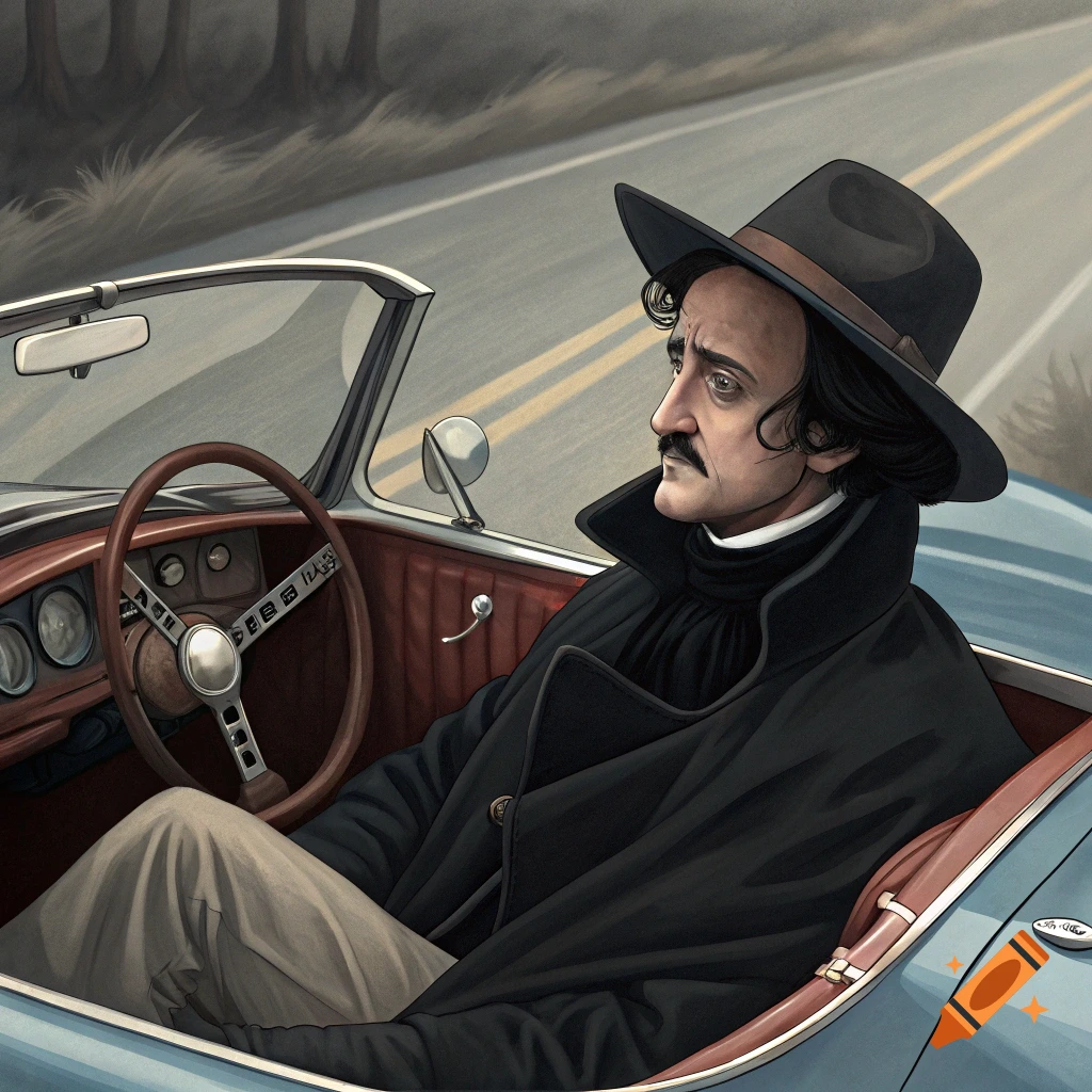 Edgar Allan Poe drives a vintage blue convertible car.
