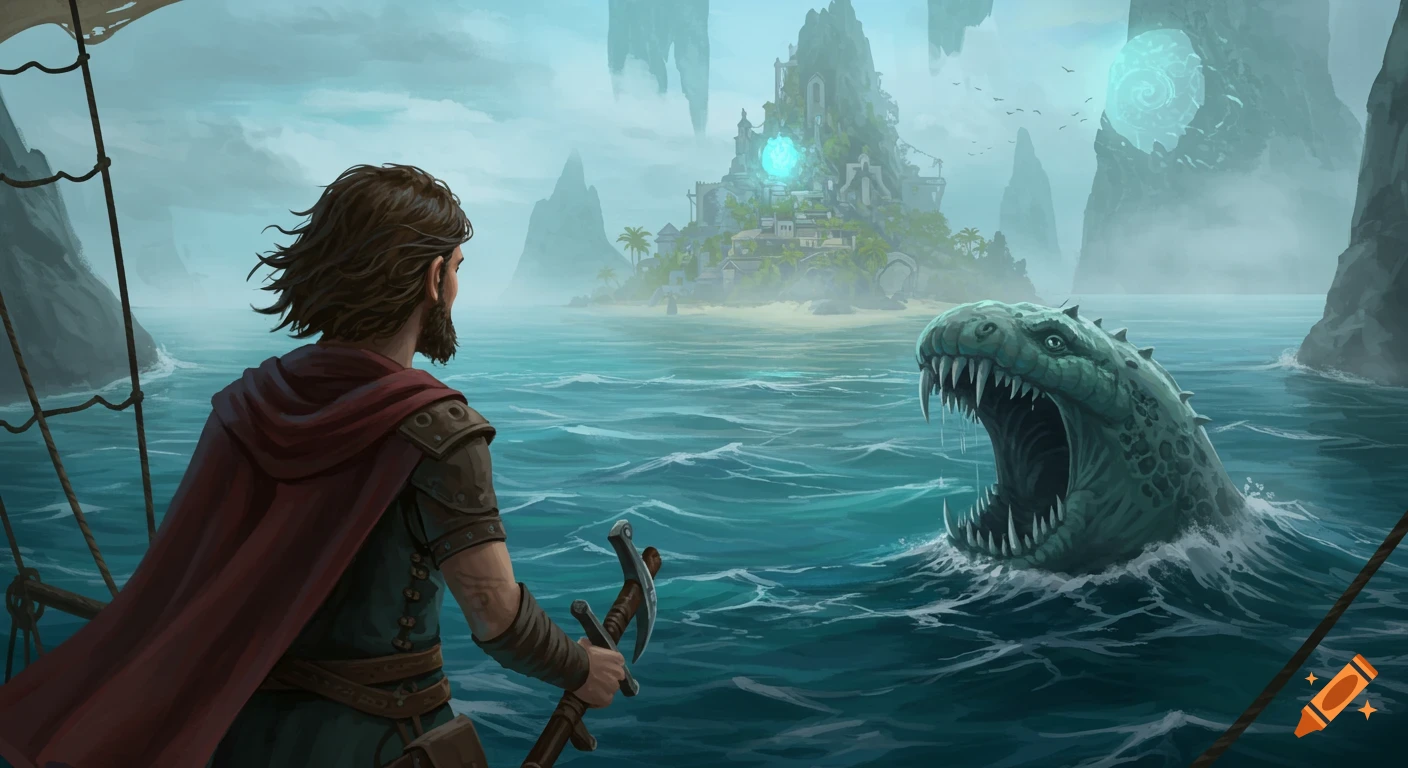 A man in a boat faces a sea monster and a mysterious island in foggy waters, digital painting style.