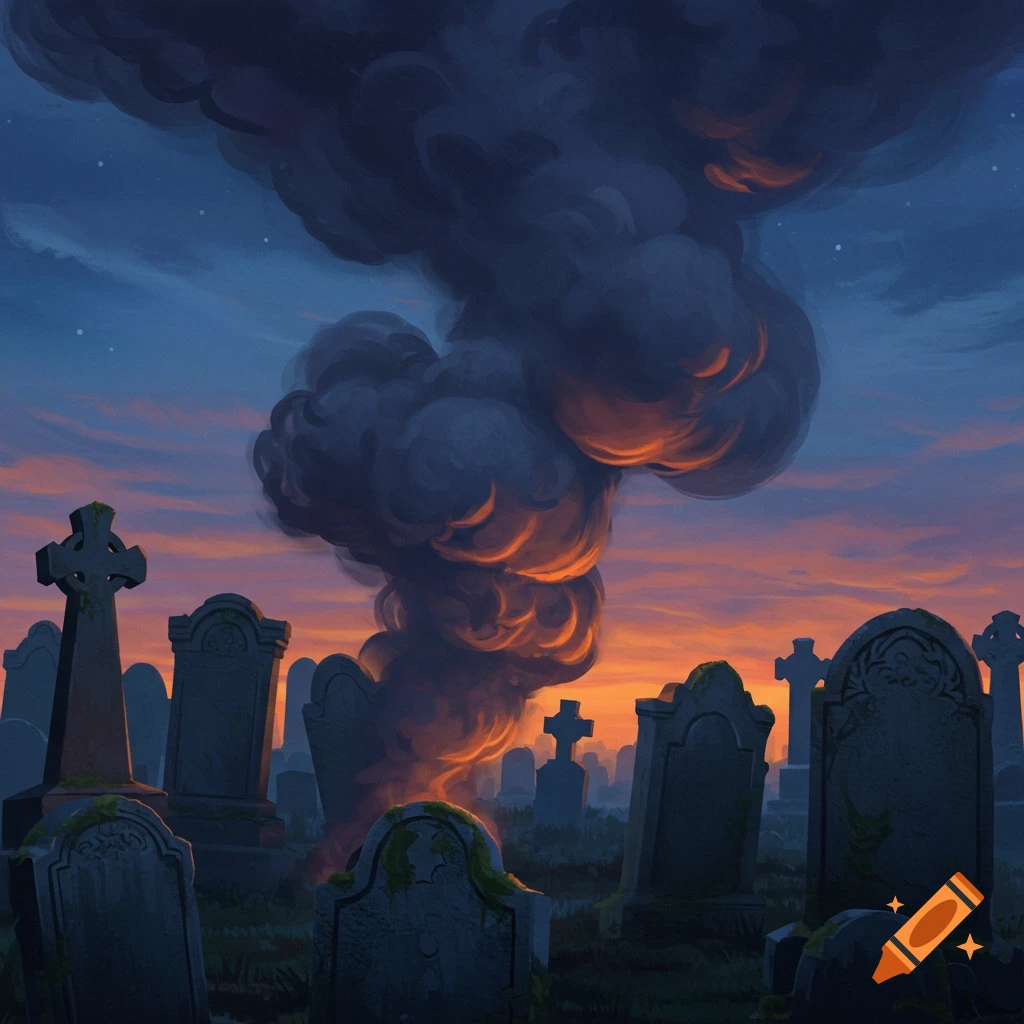 Dark smoke rises over a graveyard at sunset.