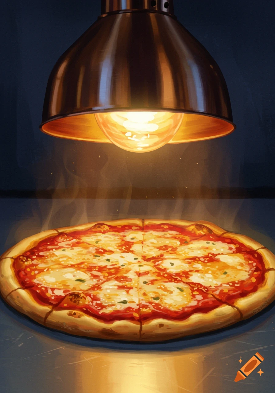 An illustrated pizza under a heat lamp with steam