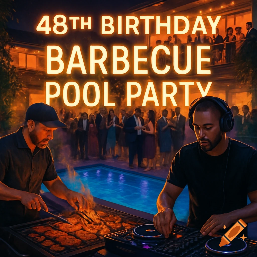 48th birthday barbecue pool party with a chef grilling, a DJ, a swimming pool, and a crowd of guests