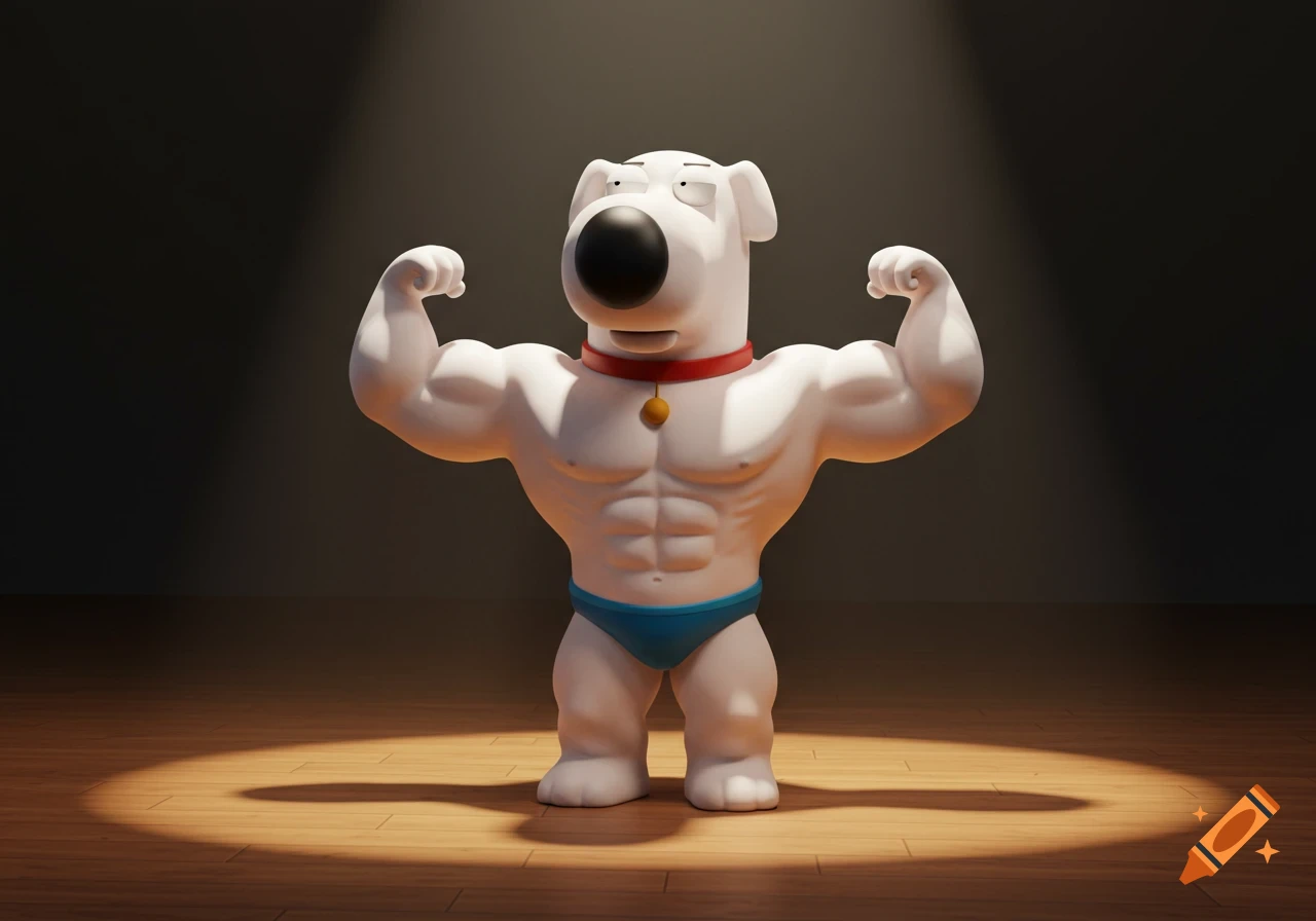 Brian the dog from Family Guy flexing on a stage in a spotlight, 3D cartoon style