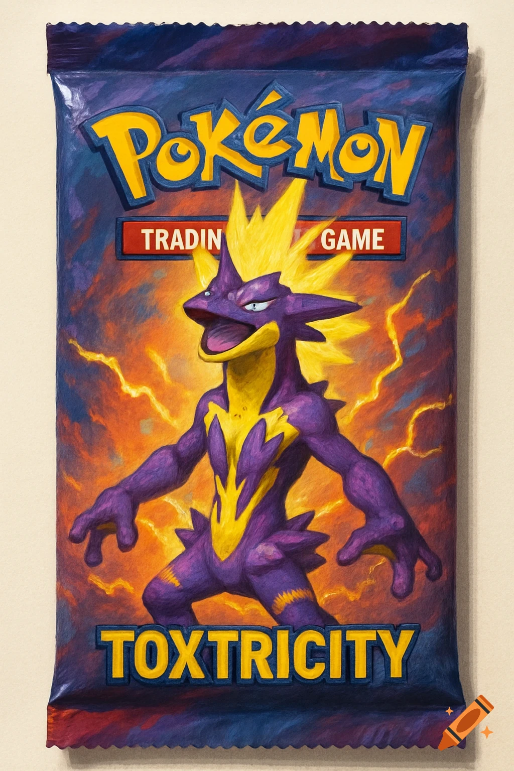A Pokemon trading card pack featuring the purple and yellow Pokemon Toxtricity against an orange background with lightning.