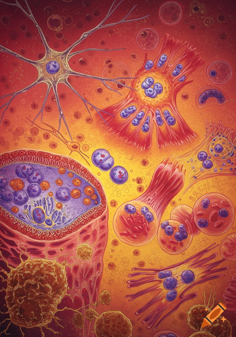 Microscopic illustration of different human body cells.