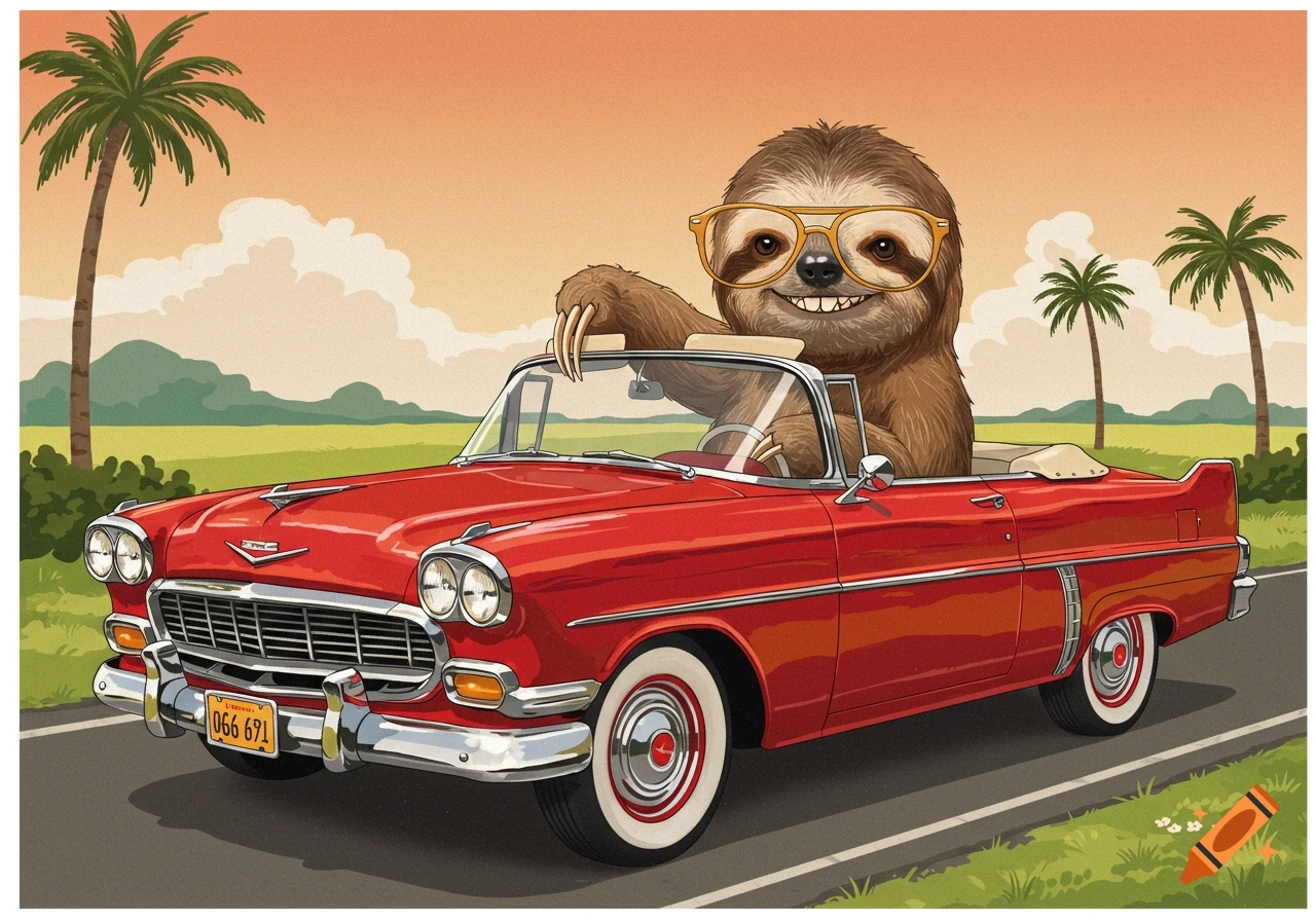 A cartoon sloth wearing sunglasses drives a red convertible down a road past palm trees.