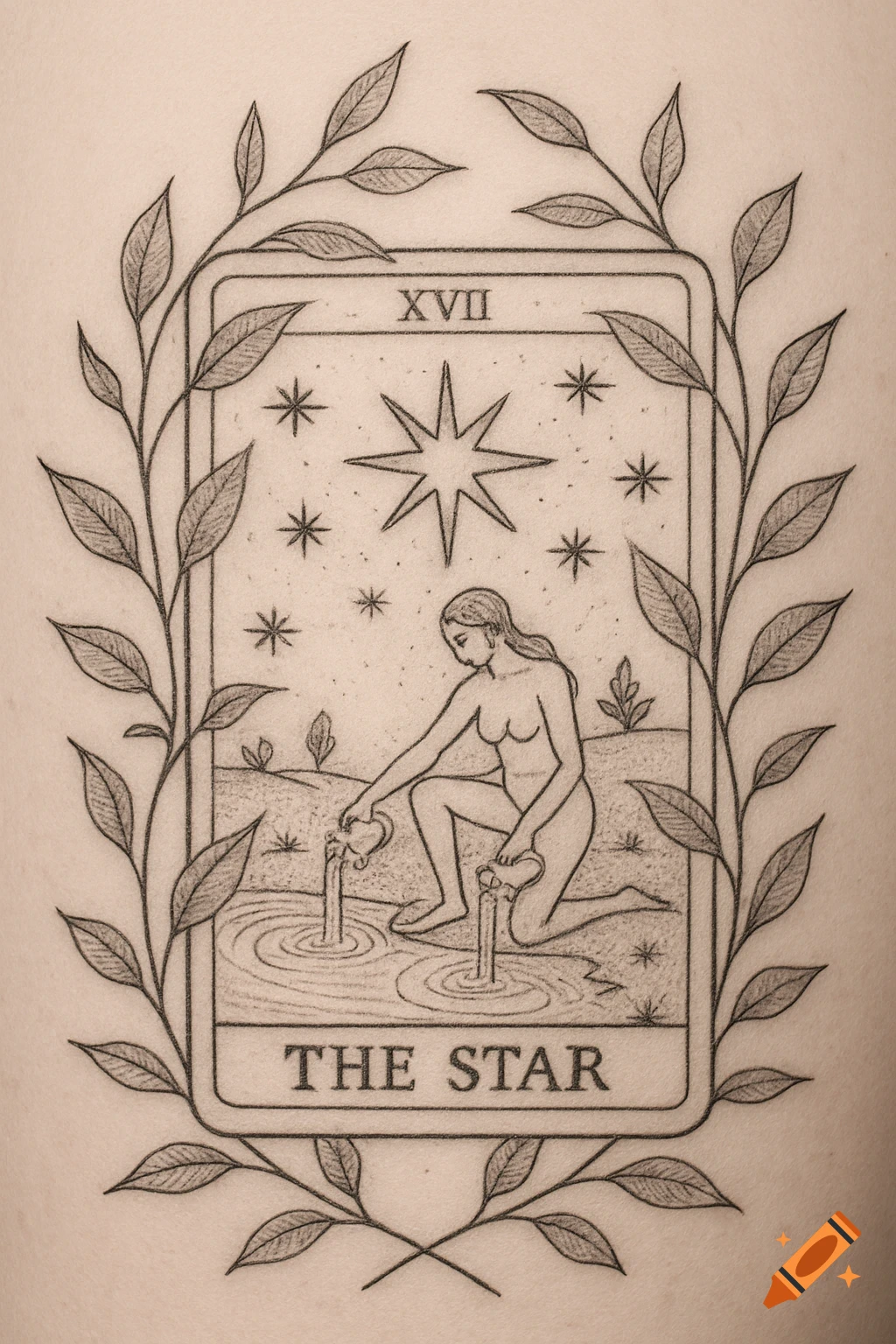 Black and white fine line illustration of The Star tarot card, depicting a nude woman pouring water from jars, framed by vines.