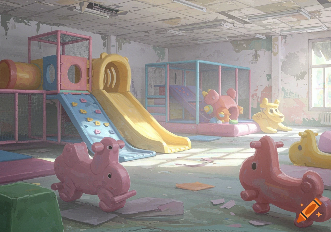 An abandoned indoor playground with slides and ride-on toys