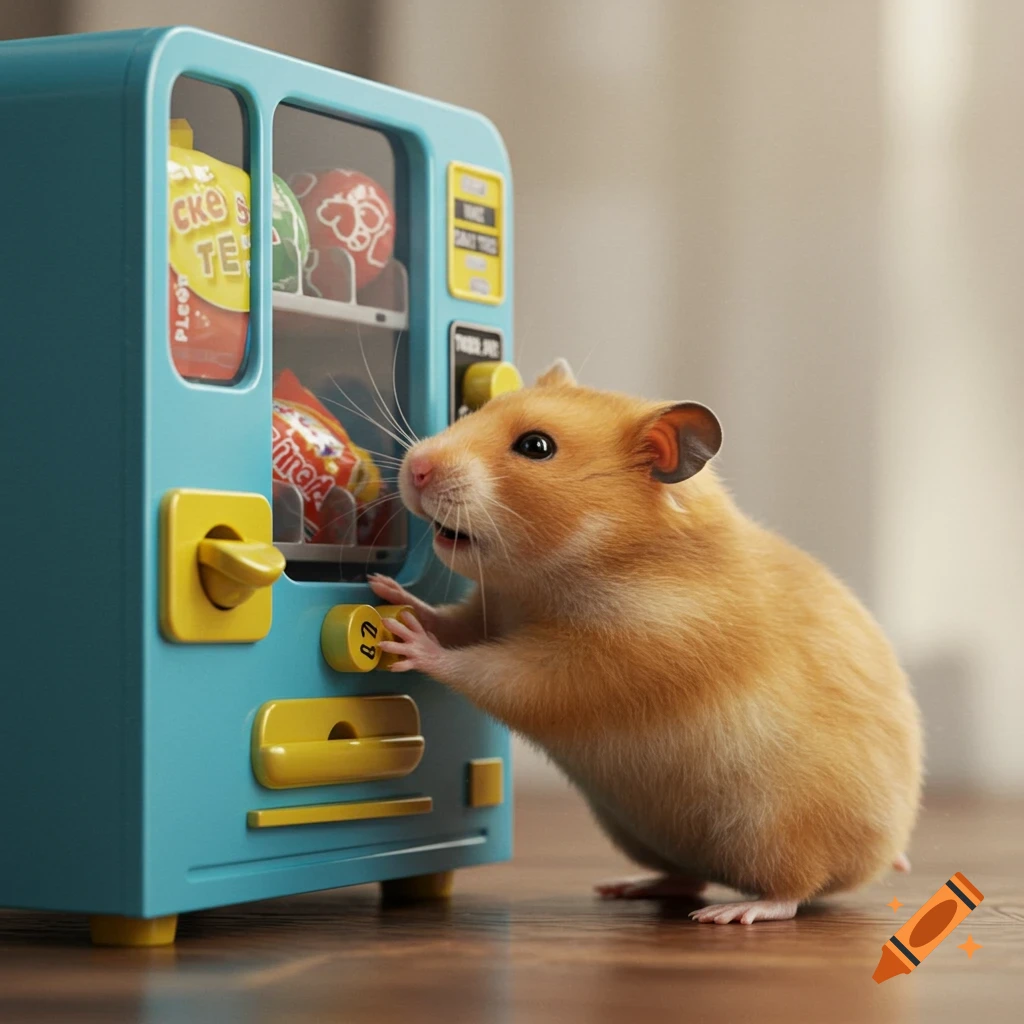 A hamster tries to use a tiny vending machine.