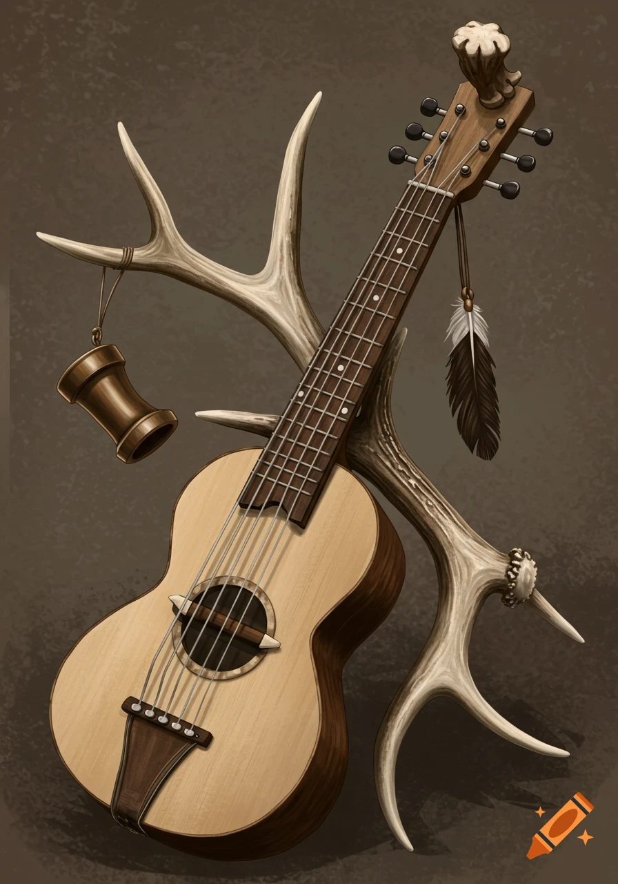 An illustration of a ukulele-like instrument leaning against deer antlers, with a deer call and feather.