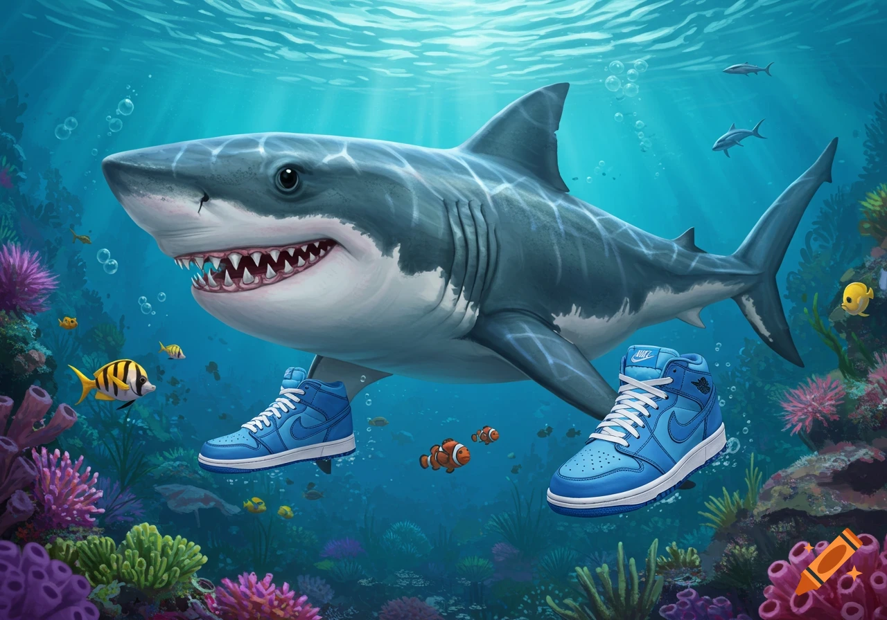 A cartoon shark swims underwater among coral reefs, wearing blue high-top sneakers.