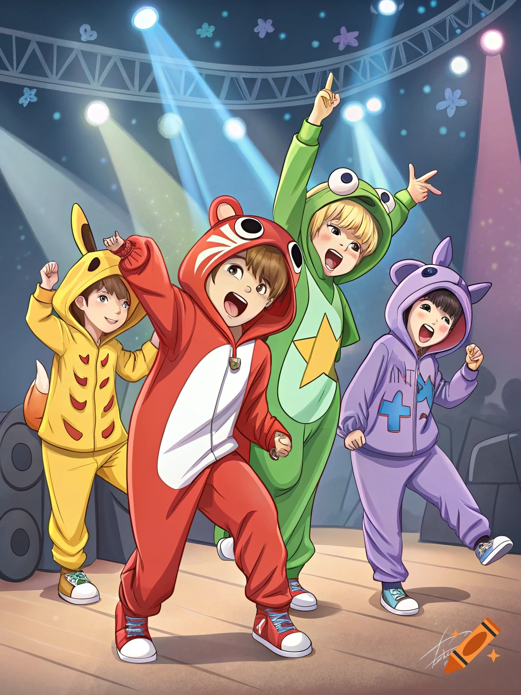 Four cartoon characters in animal costumes (Pikachu, frog, bear, purple creature) pose on a stage with spotlights.
