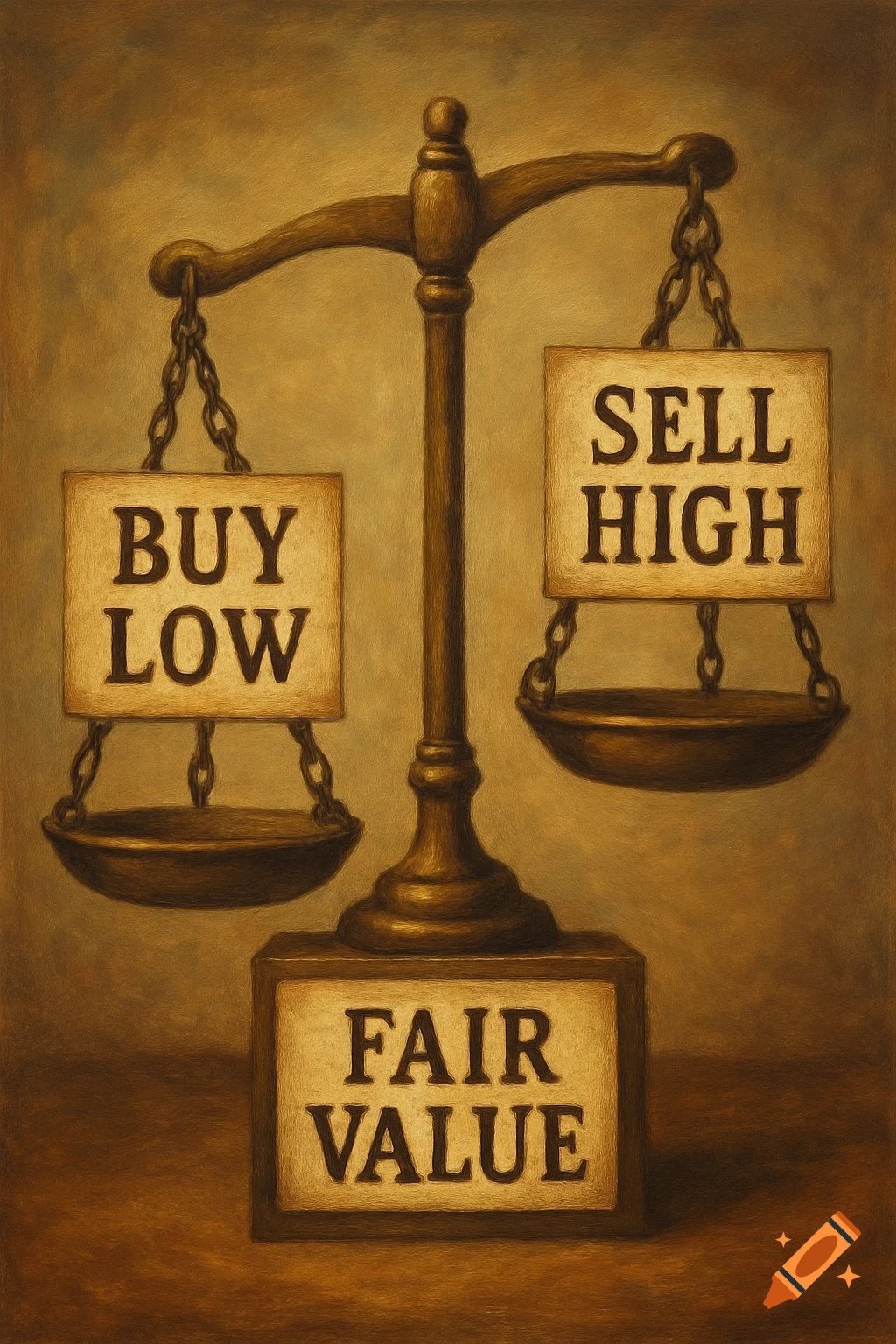 A painterly illustration of a balance scale with pans holding signs that read BUY LOW and SELL HIGH. The base reads FAIR VALUE.