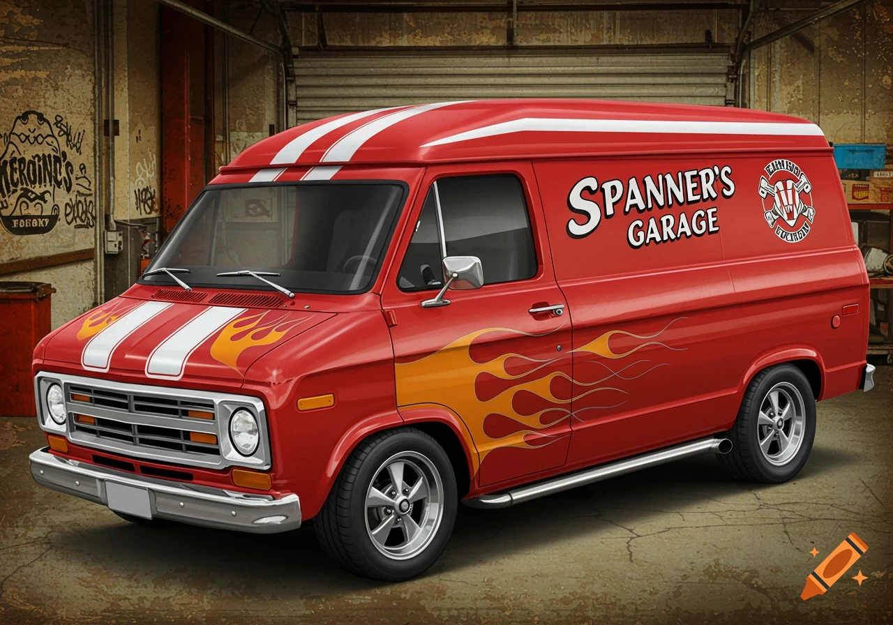 A red custom van with flame decals and 'Spanner's Garage' text parked in a garage.